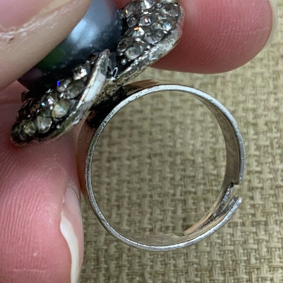 Faux Gray Pearl Floral Flower Rhinestone Silver Tone Adjustable Ring - Picture 3 of 7